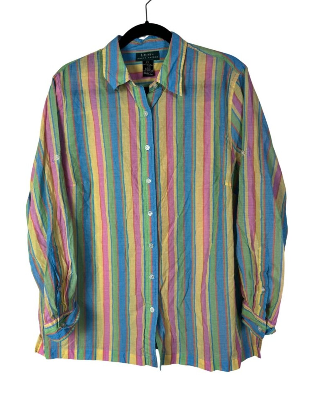 Lauren Ralph Lauren Striped Button Up Shirt Top Plus size 1X 100% Cotton rainbow